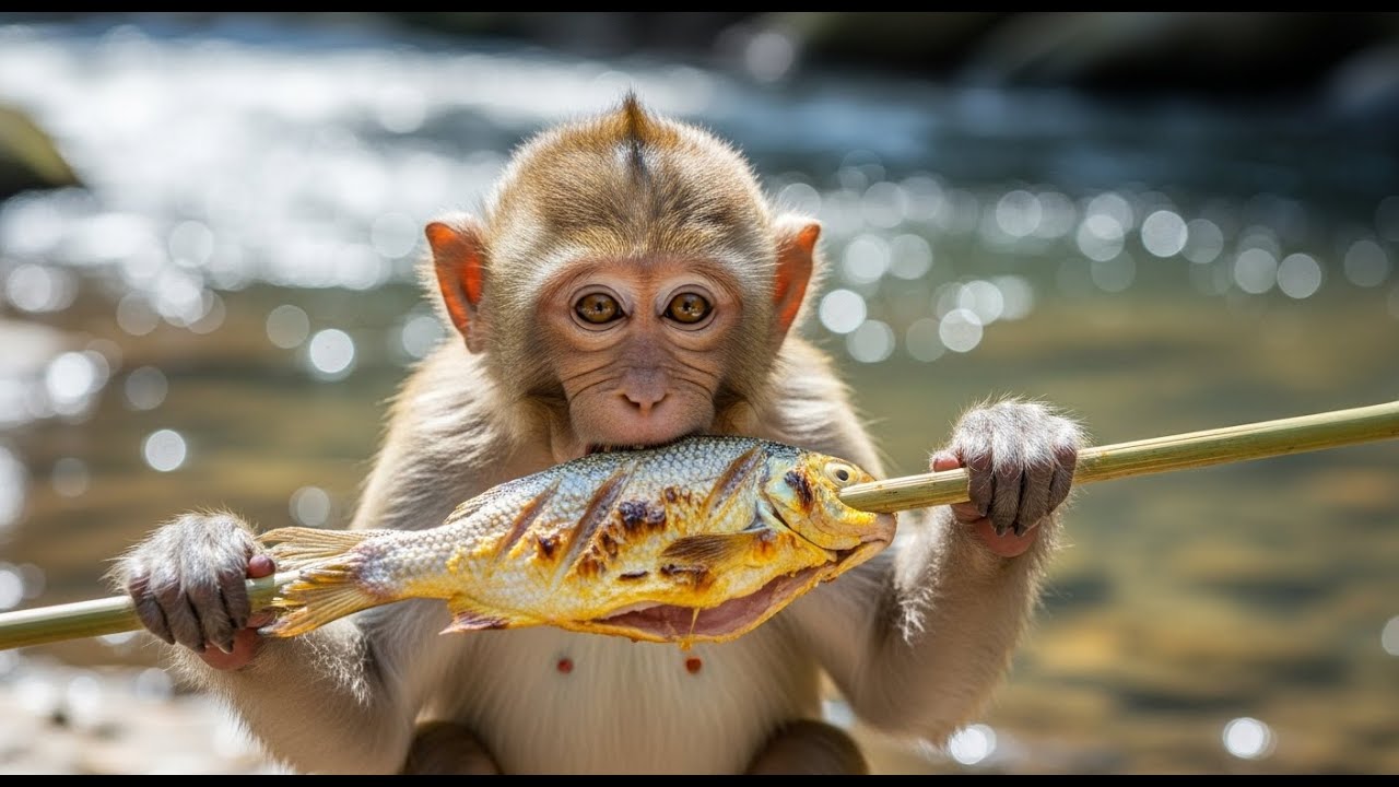 Monkey Life: Catching & Cooking Big Fish by the Stream - ASMR Primitive Cooking
