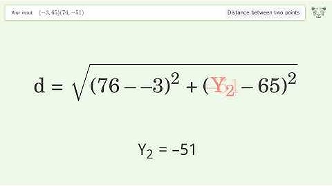 Find the distance between two points p1 (-3,65) and p2 (76,-51): Step-by-Step Video Solution