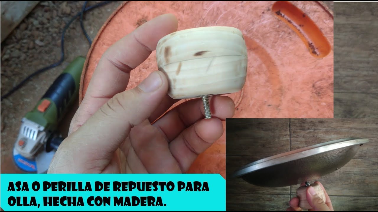 Asa o perilla de repuesto para olla, hecha con madera. 