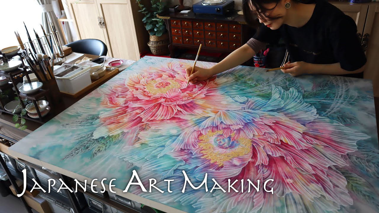 【ASMR】大輪の牡丹の花を描く。ー作業音入り・日本画メイキングー