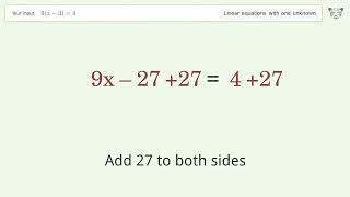 Linear equation with one unknown: Solve 9(x-3)=4 step-by-step solution