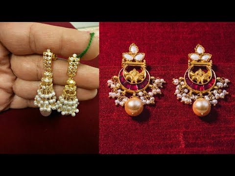 Peacock Gold plated handmade long chain pearl earrings at ?1650 | Azilaa
