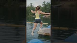 😱 Will she stay on the giant ball or splash into the water? 🌊💙 Balance, courage, and a little bit