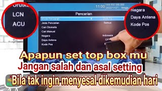 setting daya antena set top box//fungsi kodepos pada set top box//setting LCN di set top box