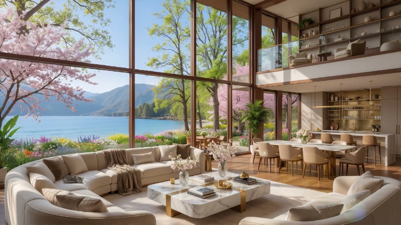 🌺Calming Morning Jazz Music at Cozy Spring Coffee Shop Corner with Forest Sounds for Positive Mood