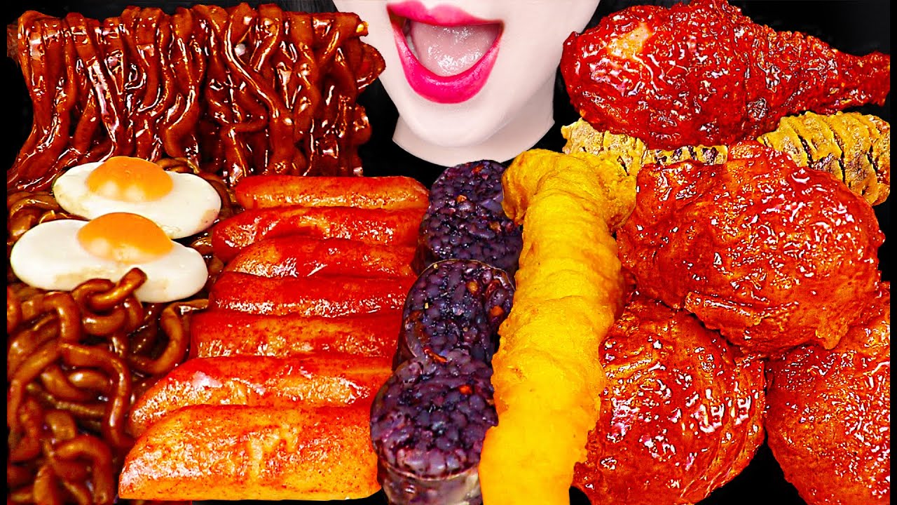 ASMR Fried Chicken, Noodles, Spicy Rice Cake 처갓집 양념 치킨, 떡볶이, 튀김, 짜파게티 먹방 Mukbang, Eating