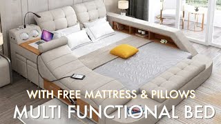 Bed With Speakers, Lamps, Chargers, Mattress, pillows, B'fast Table, Work Station, Ottoman Storage