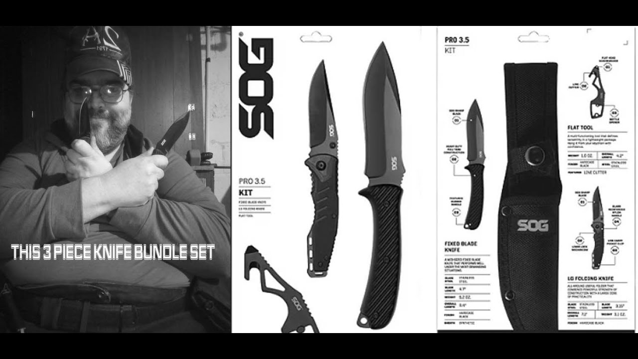 SOG Stainless Steel Pro 3.5 Knife Kit - 3pc. Combo Knife Kit, Fixed Blade,  Folding Knife, Flat Tool 