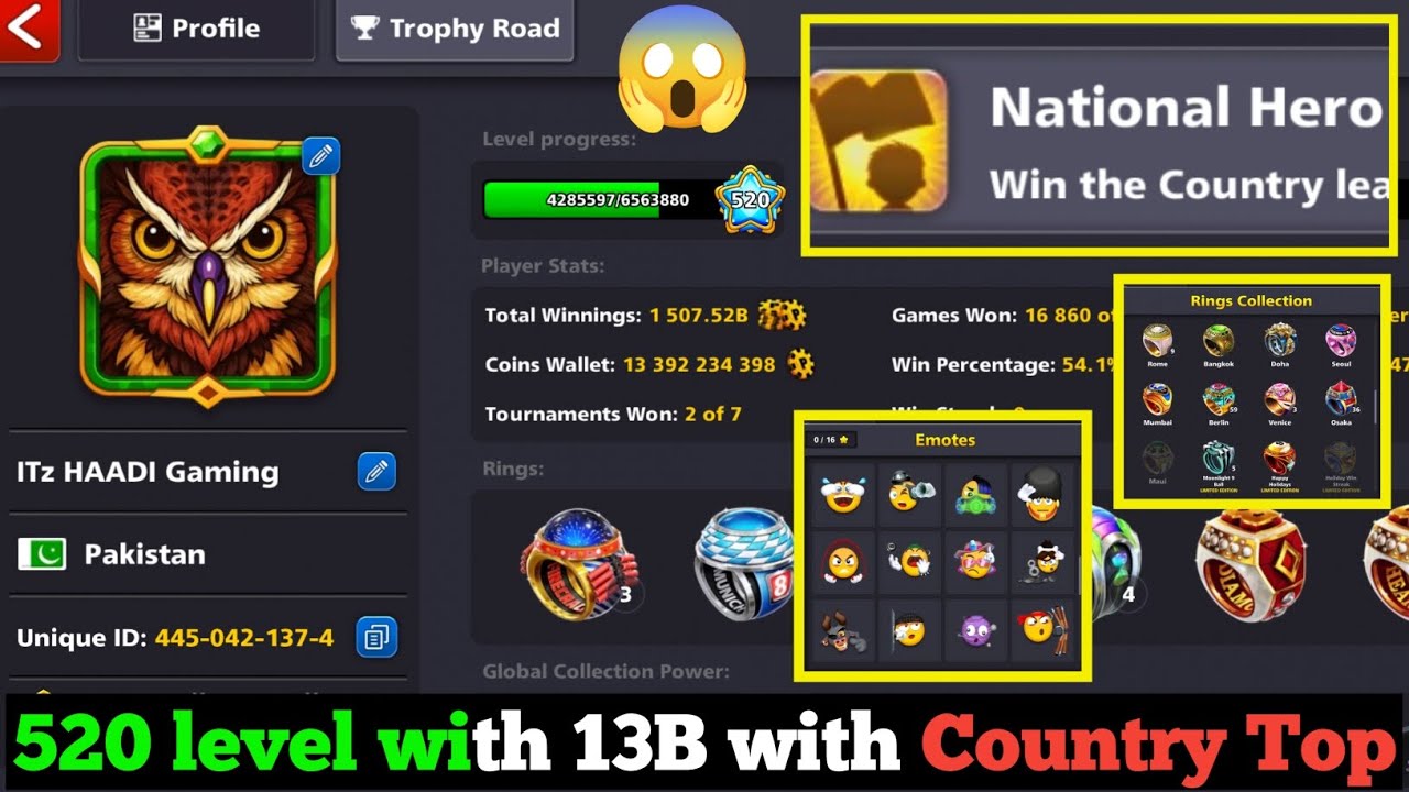 Big 520 Level 🥺 with 13 Billion coins & County top ID💚