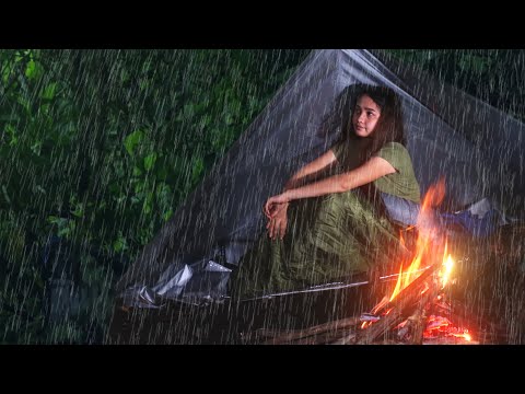 Solo Overnight Bushcraft Camping | Rainy Jungle Survival Camping and Outdoor Cooking | ASMR Camping