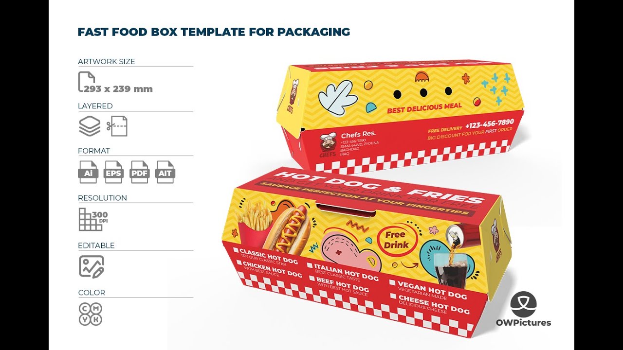 Fast Food Box Packaging Template for Hot Dogs & Fries