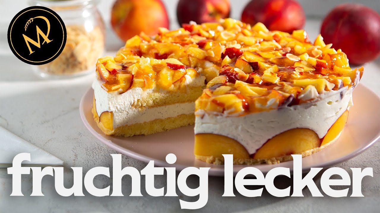 Einfache Pfirsich Sahne Quarktorte mit schnellem Löffelbiskuit Boden 🍑 ...
