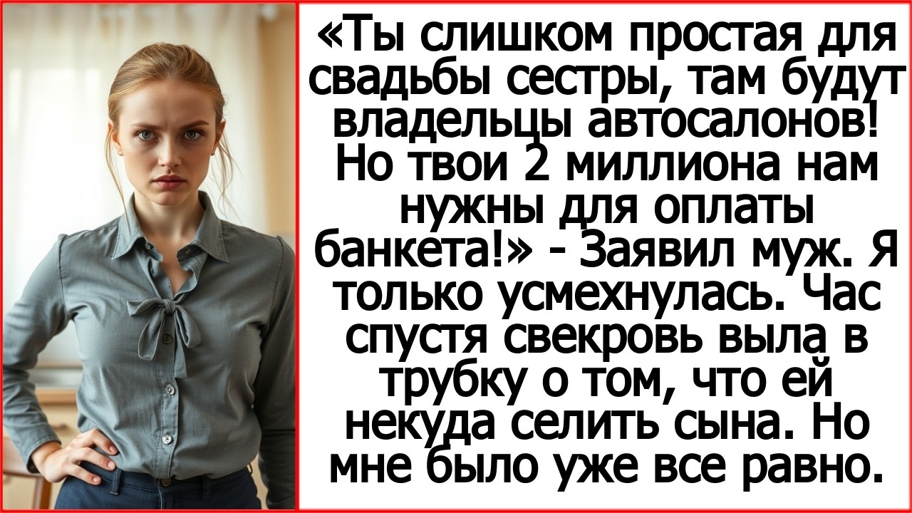 Ты слишком простая для свадьбы сестры, но твои 2 миллиона нам нужны для оплаты банкета! Заявил муж.
