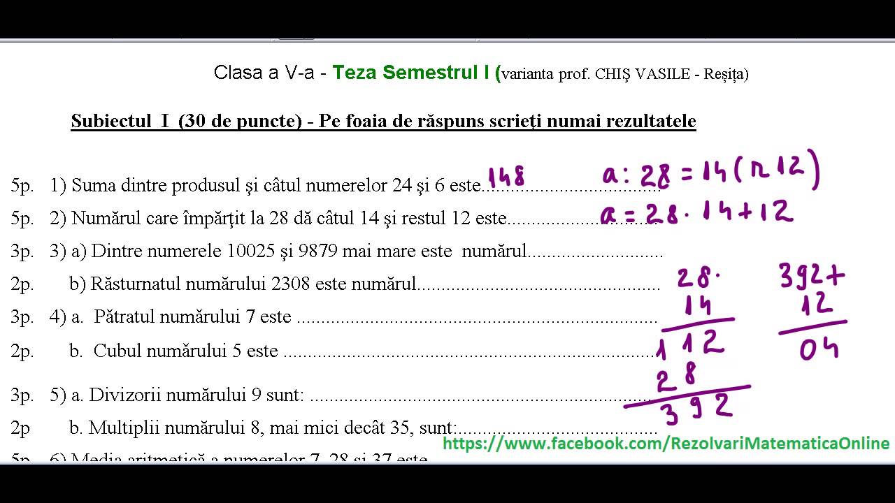 Teza Matematica Clasa 5 Semestrul 2 Clasa a V-a - Teza matematica - Semestrul I - model 1- partea I - YouTube