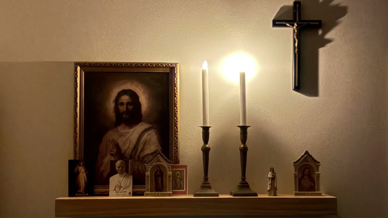Catholic Prayer Altar with Jesus- 1 hour with ambient fire and rain
