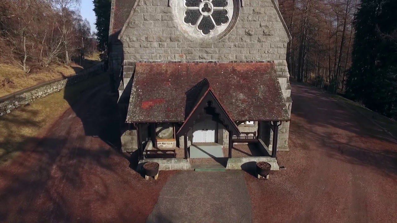 Crathie Kirk, Balmoral, Scotland - Aerial HD view of Royal Church 