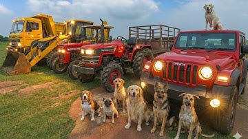JCB 3dx Backhoe Machine Loading Mud in TATA Dump Truck , Mahindra 575 Tractor Trolley And Thar Car 