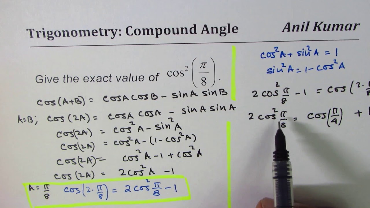 Find Exact Value Of Cos 2 Pi 8 Youtube