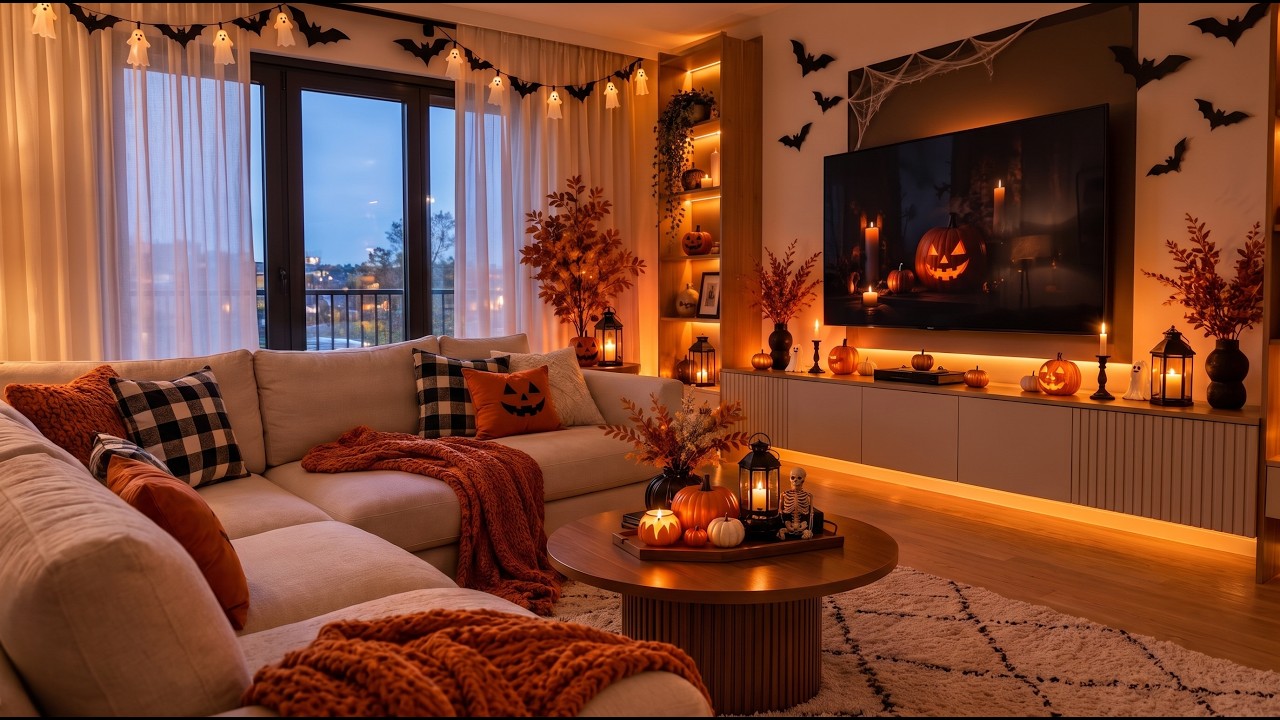 Halloween Ambient Music Live 🎃🦇 Cozy Spooky Room & Rain Outside the ...