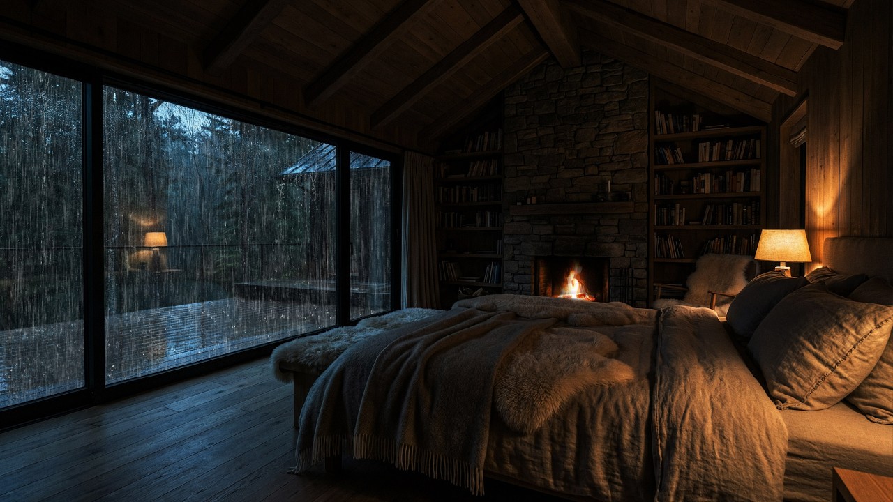 🌧️ Heavy Rain Sounds for Deep Sleep | Rain on Cabin Roof with Warm Fireplace