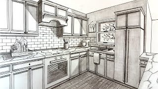 Drawing A Kitchen in Two Point Perspective | Timelapse