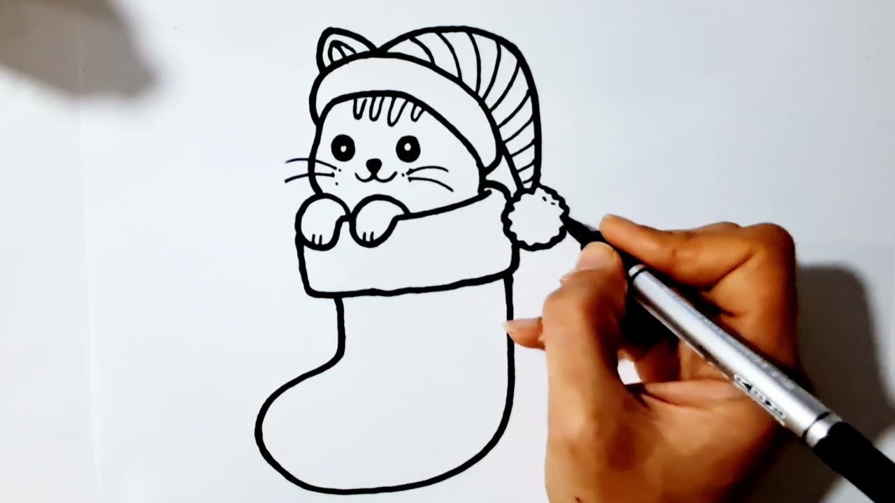 "Easy Christmas Cat Drawing for Kids | Cute Stocking Art Tutorial for Kids and Toddlers 