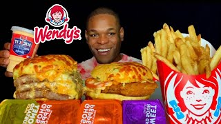 WENDYS MUKBANG | NEW TRIPLE LOADED NACHO CHEESEBURGER + CHICKEN SANDWICH | PUMPKIN SPICE FROSTY