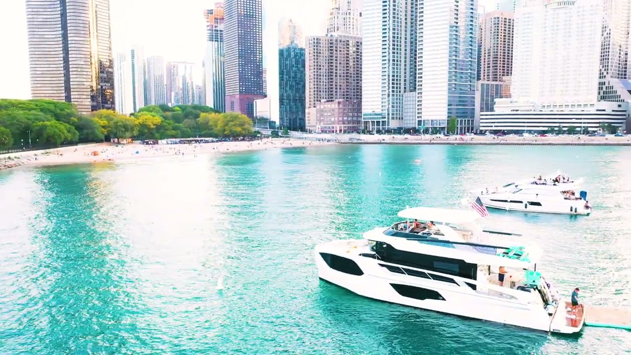 Ohio Beach Downtown Chicago Drone Skyline Lake Michigan Dozens of Party  Boats Beautiful Day 10/4/25