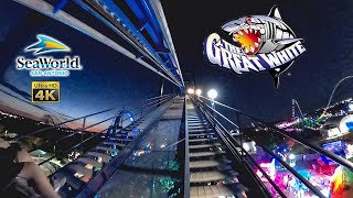 Great White Roller Coaster at Night Front Row 4K POV SeaWorld San Antonio 2021 12 12
