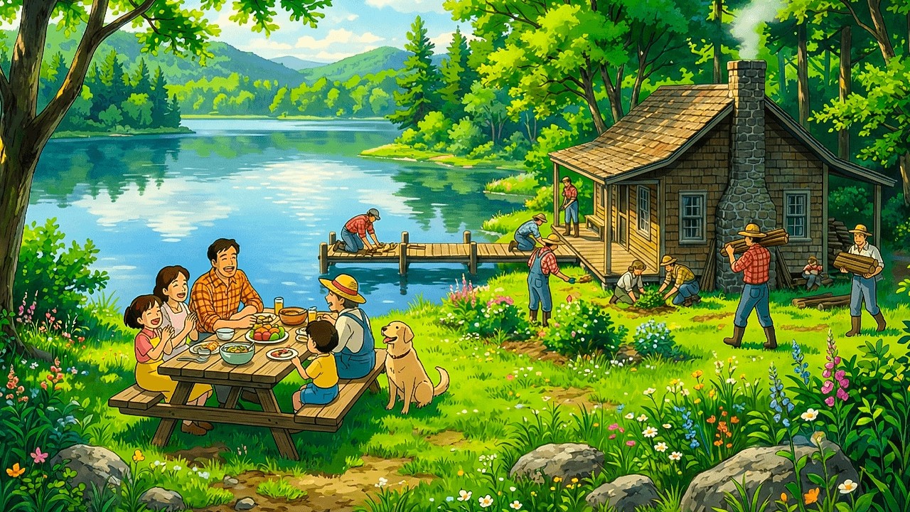Lakeside Cabin Life: Exploring Nature, Fishing & Sunset Campfire Cooking | Ghibli Style Video