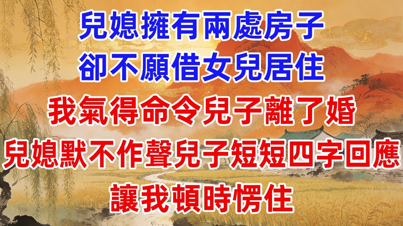 兒媳擁有兩處房子，卻不願借女兒居住，我氣得命令兒子離了婚。兒媳默不作聲，兒子短短四字回應，讓我頓時愣住！#小蕊講故事#情感故事