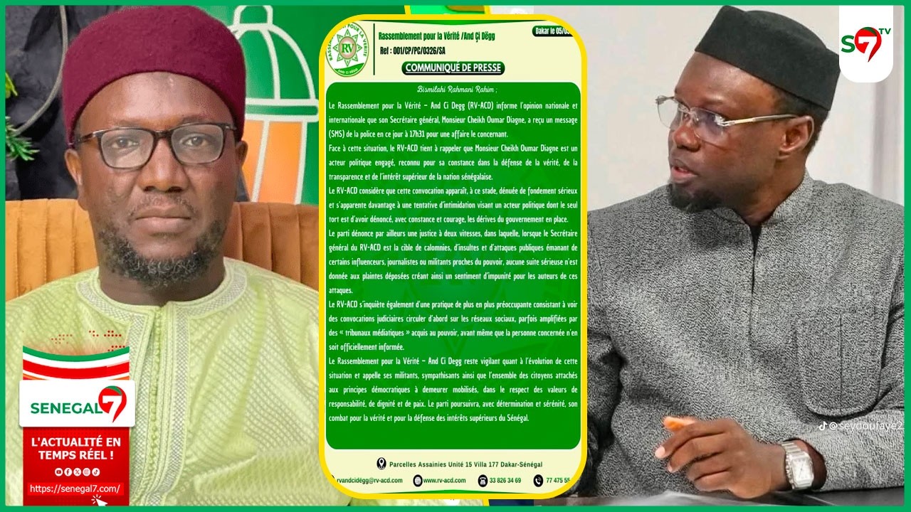 Convocation de Cheikh Omar Diagne: son parti, RV-ACD reagit et parle de « tentative d’intimidation »