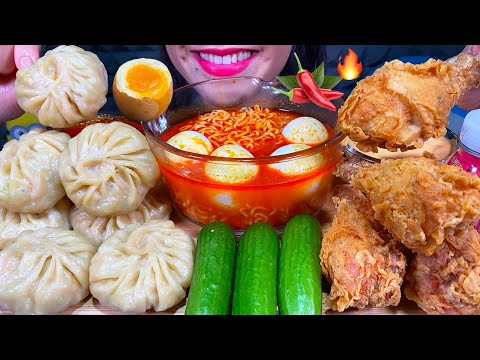 ASMR SOUPY SPICY NOODLES, MOMO, FRIED CHICKEN, SOFT BOILED EGGS MUKBANG MASSIVE Eating Sounds