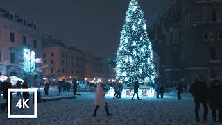 Snowy Scenic Walk in Krakow, Poland, Old Town Christmas Market 4K ❄