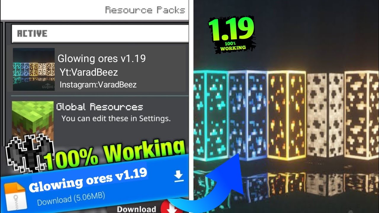 Glowing ores texture pack mcpe 1 19 glowing ores shader mcpe 1 19