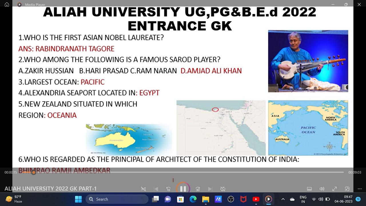 ALIAH UNIVERSITY 2022 GK PART 1 for UG,PG & B.Ed admission entrance exam.