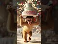 The baby monkey carefully lifts a huge, colorful birthday cake #goldballoons #buboons #babybirthday