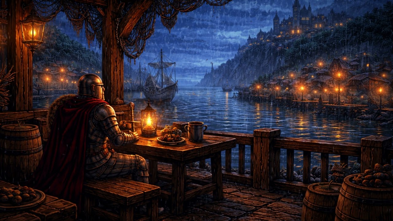 Medieval Focus Music for Study & Work – Rainy Harbor Lantern Watch | Rest Here Traveler…