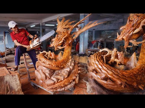 Wood carving - Lord Warrior fighting Dragon - Multiplatform MMORPG Gran Saga Huge Sculpture