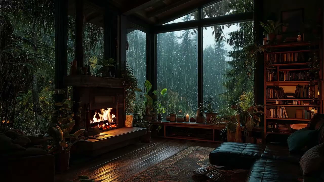 Cozy Cabin Fireplace and Rain Sounds by Forest Window for Deep Sleep, Calm Focus, and Stress Relief