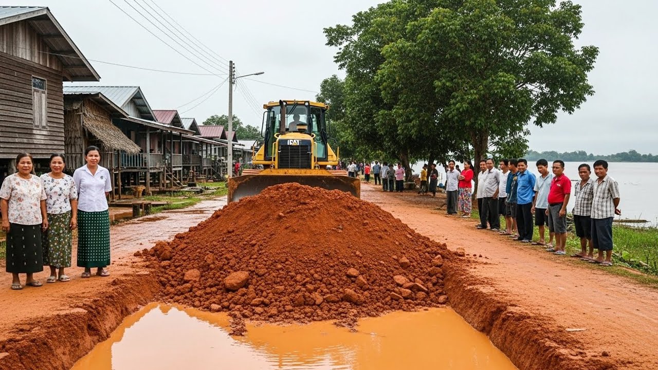 Heavy Machinery Fixes Flooded Village Road | Real Construction Work