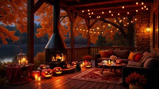 Autumn Cabin Porch Ambience 🍁 Smooth Jazz Piano & Cozy Fireplace for Peaceful Evenings