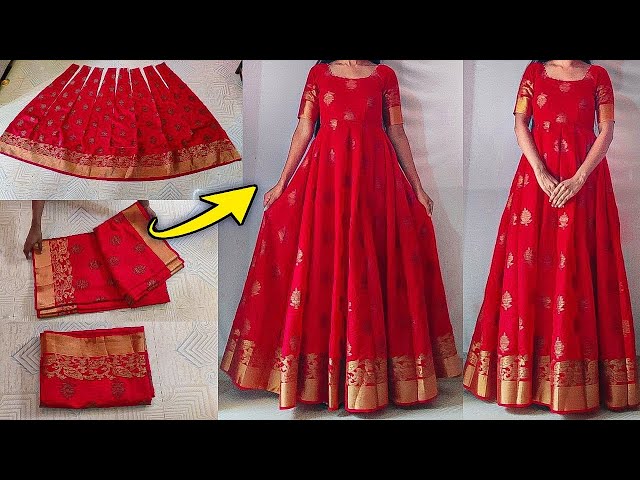 Convert Border Saree into Long Gown with Belt | Long frock/dress cutting &  stitching easily - YouTube