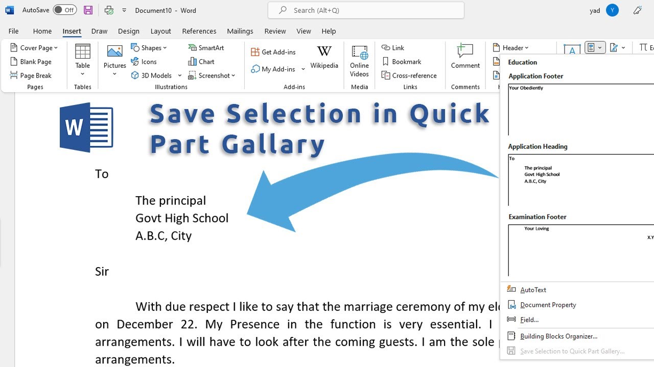 How To Save Selection In Quick Part Gallery In Ms Word Quick Parts
