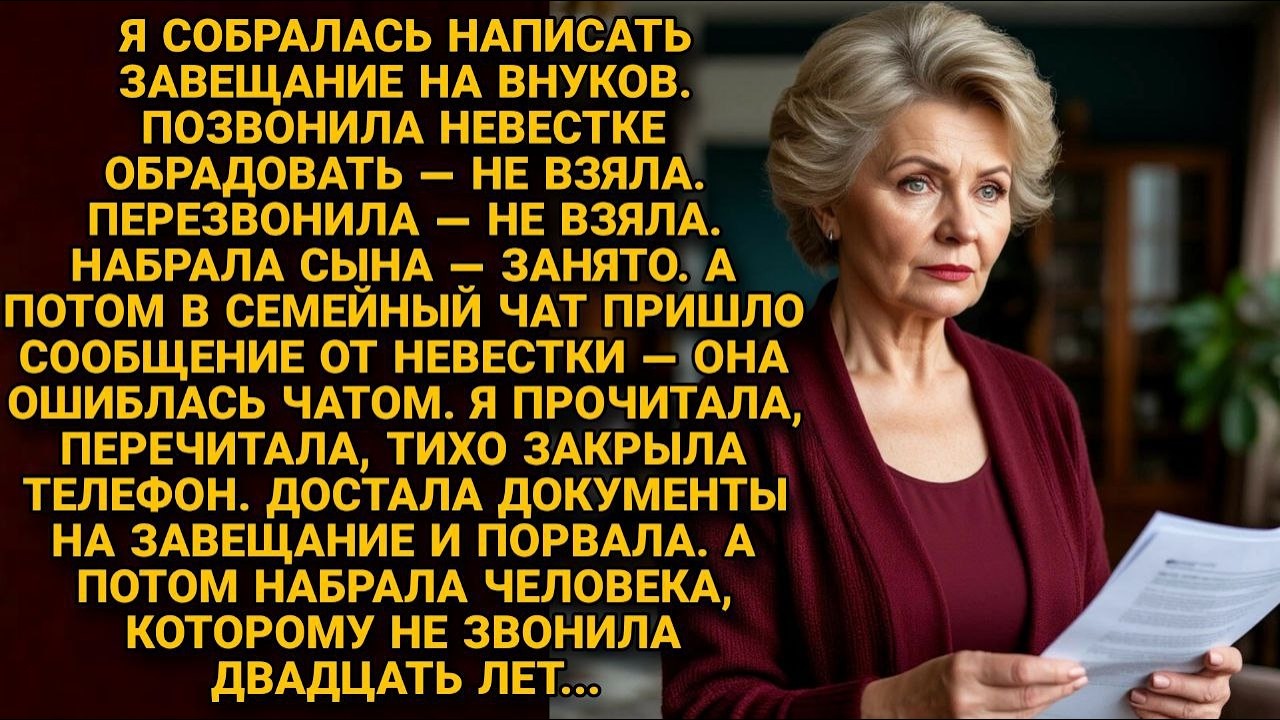 Невестка отправила сообщение не в тот чат. Свекровь прочитала всё. И молча порвала завещание...