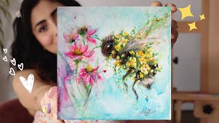 How to paint Abstract Honey bee 🐝 + Create Watercolour Effect on Canvas💫 Step by Step tutorial 🎨