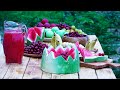 Summer fruits table prep, Summer Drinks, Berries میز نوشیدنی و میوه های تابستانی کنار باغ درخت لیمو