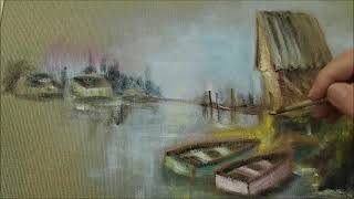 Acrylmalerei auf Naturleinen - Boote und Hütte einfach gemalt