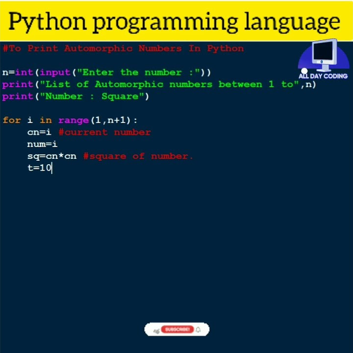 #python 58 To Print Automorphic Numbers Between 1 to n In Python ...