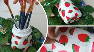 cute and easy bottle painting | wasted jar to brush stand | fruits paint on a glass bottle